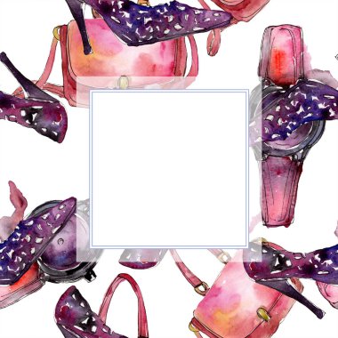 Giysi aksesuarları trendy kıyafet ayarlayın. Suluboya arka plan illüstrasyon seti. Suluboya çizim moda aquarelle. Çerçeve kenarlık süs karesi.
