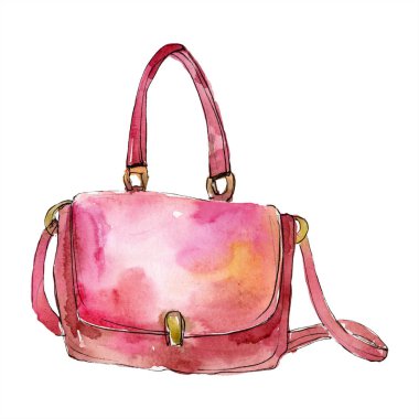 Bir suluboya tarzı çanta kroki moda glamour illüstrasyon. Giysi aksesuarları trendy kıyafet ayarlayın. Arka plan için Aquarelle moda kroki. Suluboya çizim aquarelle izole.