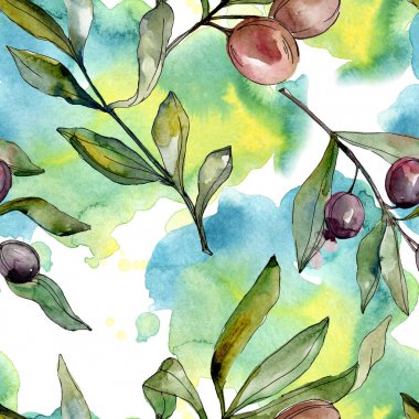 Siyah zeytin suluboya illüstrasyon seti. Suluboya dikişsiz arka plan deseni. Kumaş duvar kağıdı baskı doku.