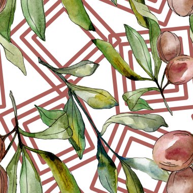 Siyah zeytin suluboya illüstrasyon seti. Suluboya dikişsiz arka plan deseni. Kumaş duvar kağıdı baskı doku.