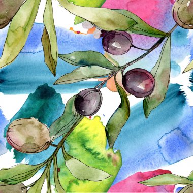 Siyah zeytin suluboya illüstrasyon seti. Suluboya dikişsiz arka plan deseni. Kumaş duvar kağıdı baskı doku.