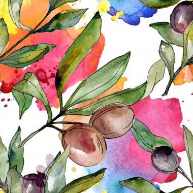 Siyah zeytin suluboya illüstrasyon seti. Suluboya dikişsiz arka plan deseni. Kumaş duvar kağıdı baskı doku.