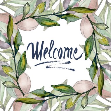 Siyah zeytin suluboya arka plan illüstrasyon. Suluboya yeşil yaprak çizim. Çerçeve kenar lık karesi. Hoş geldi -niz