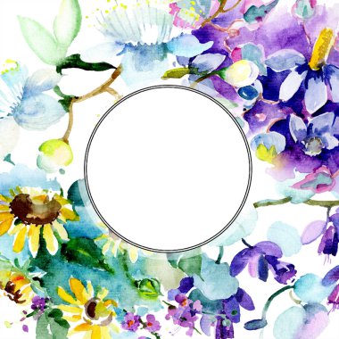 Buket botanik çiçek. Vahşi bahar yaprak izole kır çiçeği. Suluboya arka plan illüstrasyon küme. Suluboya çizim moda aquarelle izole. Çerçeve kenarlığı süsleme Meydanı.