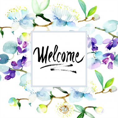 Buket çiçek botanik çiçekler. Suluboya arka plan illüstrasyon seti. Suluboya çizim moda aquarelle izole. Çerçeve kenar lık süs karesi. Hoş geldin el yazısı monogram kaligrafi.