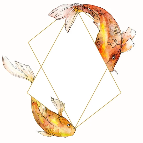 Watercolor aquatic underwater tropical fish set. Red sea and exotic fishes inside: Goldfish. Frame border square. — Stock Photo, Image