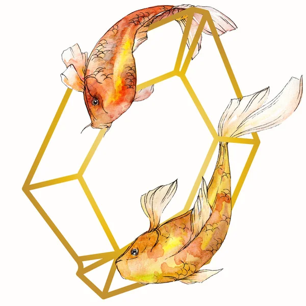 Watercolor aquatic underwater tropical fish set. Red sea and exotic fishes inside: Goldfish. Frame border square. — Stock Photo, Image