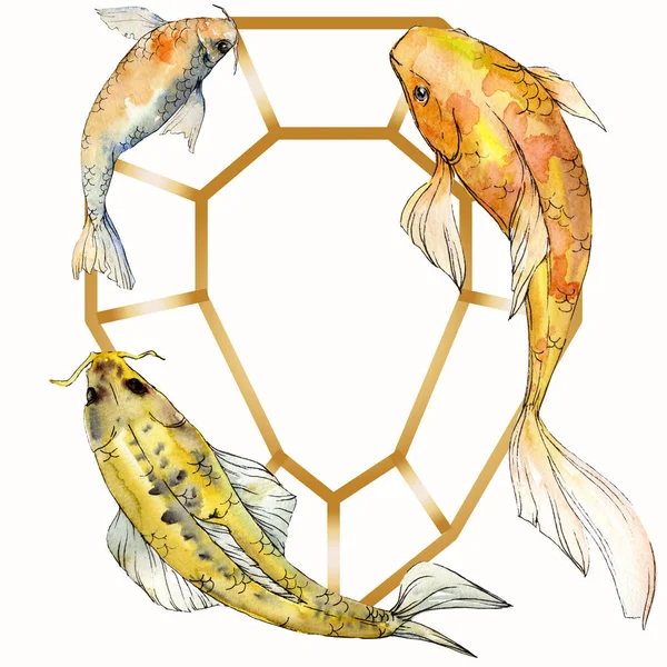 Watercolor aquatic underwater tropical fish set. Red sea and exotic fishes inside: Goldfish. Frame border square. — Stock Photo, Image