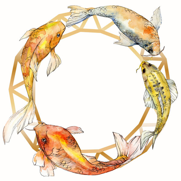 Watercolor aquatic underwater tropical fish set. Red sea and exotic fishes inside: Goldfish. Frame border square.