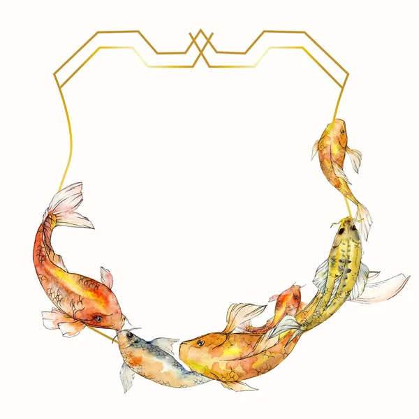 Watercolor aquatic underwater tropical fish set. Red sea and exotic fishes inside: Goldfish. Frame border square. — Stock Photo, Image