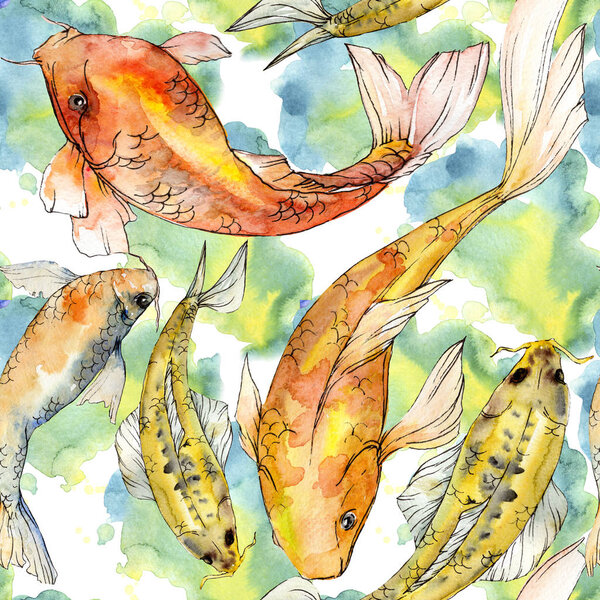 Watercolor aquatic underwater colorful tropical fish set. Red sea and exotic fishes inside: Golden fish.