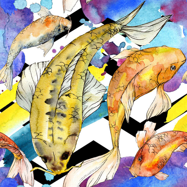 Watercolor aquatic underwater colorful tropical fish set. Red sea and exotic fishes inside: Golden fish.