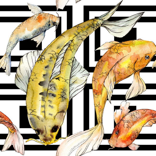 Watercolor aquatic underwater colorful tropical fish set. Red sea and exotic fishes inside: Golden fish.