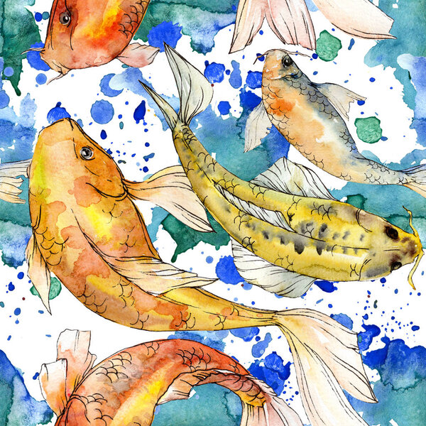 Watercolor aquatic underwater colorful tropical fish set. Red sea and exotic fishes inside: Golden fish.