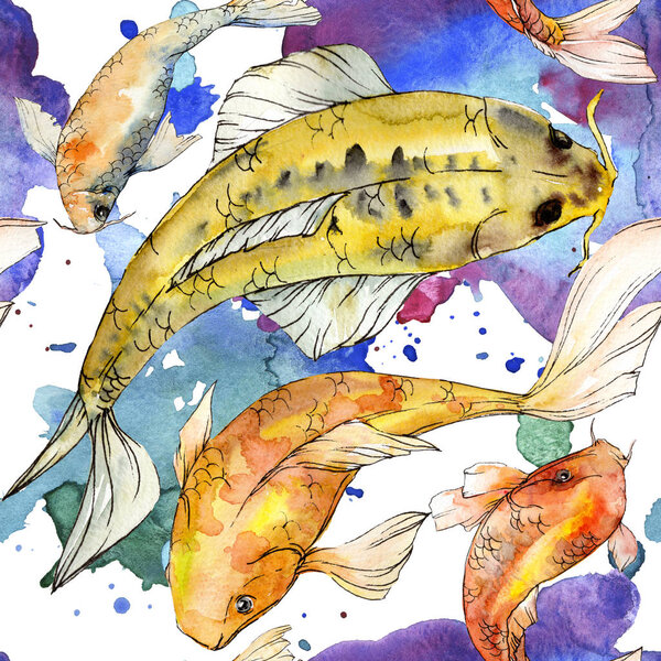 Watercolor aquatic underwater colorful tropical fish set. Red sea and exotic fishes inside: Golden fish.