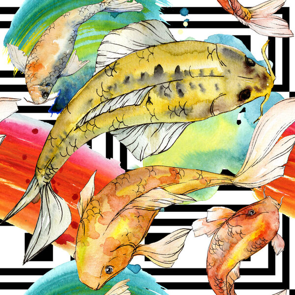 Watercolor aquatic underwater colorful tropical fish set. Red sea and exotic fishes inside: Golden fish.