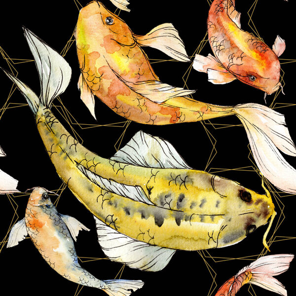 Watercolor aquatic underwater colorful tropical fish set. Red sea and exotic fishes inside: Golden fish.