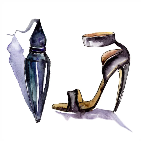 Parfüm ve ayakkabı kroki moda glamour illüstrasyon. Giysi aksesuarları trendy kıyafet ayarlayın. Suluboya arka plan seti. Suluboya çizim moda aquarelle. Yalıtılmış illüstrasyon öğesi.
