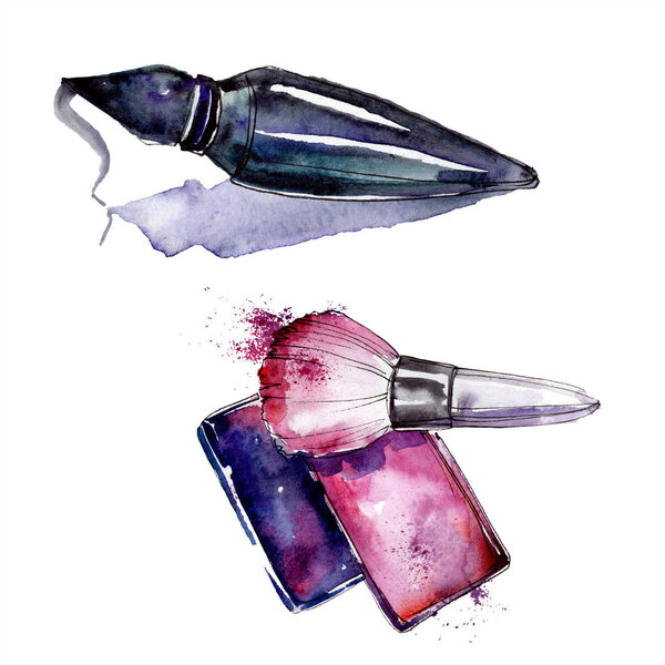 Perfume and rouge sketch fashion glamour illustration. Clothes accessories set trendy outfit. Watercolor background set. Watercolour drawing fashion aquarelle. Isolated illustration element.