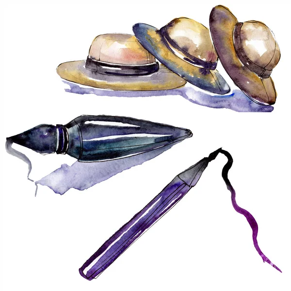 Parfüm, şapka ve eyeliner kroki moda glamour. Giysi aksesuarları trendy kıyafet ayarlayın. Suluboya arka plan seti. Suluboya çizim moda aquarelle. Yalıtılmış illüstrasyon öğesi.