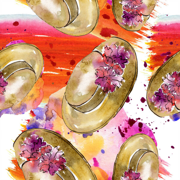 Clothes accessories and cosmetics set trendy outfit. Watercolor background illustration set. Watercolour drawing fashion aquarelle. Seamless background pattern. Fabric wallpaper print texture.