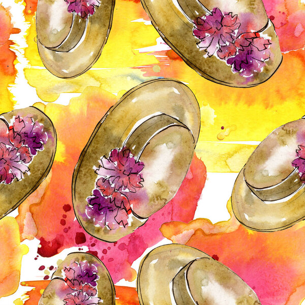 Clothes accessories and cosmetics set trendy outfit. Watercolor background illustration set. Watercolour drawing fashion aquarelle. Seamless background pattern. Fabric wallpaper print texture.