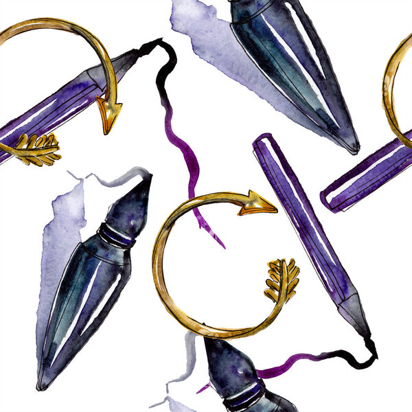 Clothes accessories and cosmetics set trendy outfit. Watercolor background illustration set. Watercolour drawing fashion aquarelle. Seamless background pattern. Fabric wallpaper print texture.