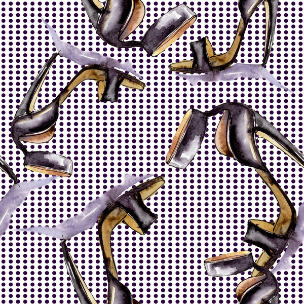 Clothes accessories and cosmetics set trendy outfit. Watercolor background illustration set. Watercolour drawing fashion aquarelle. Seamless background pattern. Fabric wallpaper print texture.