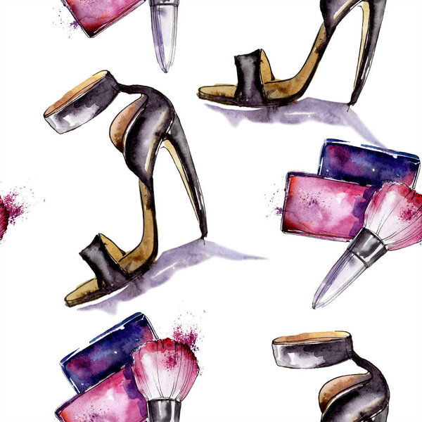 Clothes accessories and cosmetics set trendy outfit. Watercolor background illustration set. Watercolour drawing fashion aquarelle. Seamless background pattern. Fabric wallpaper print texture.