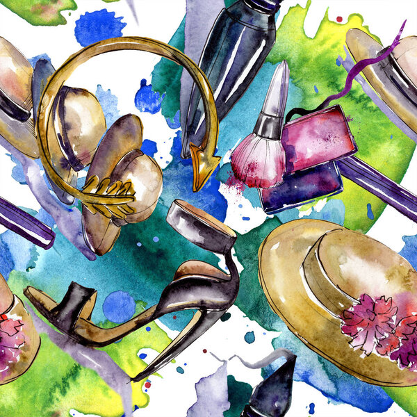 Clothes accessories and cosmetics set trendy outfit. Watercolor background illustration set. Watercolour drawing fashion aquarelle. Seamless background pattern. Fabric wallpaper print texture.