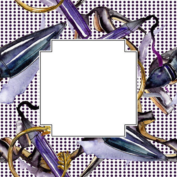 Cosmetics sketch fashion glamour illustration. Clothes accessories set trendy outfit. Watercolor background illustration set. Watercolour drawing fashion aquarelle. Frame border ornament square.