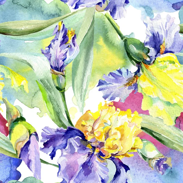 Iris giallo porpora. Fiore botanico floreale. Fiore selvatico primaverile isolato. Acquerello sfondo illustrazione set. Acquerello disegno moda acquerello isolato . — Foto Stock