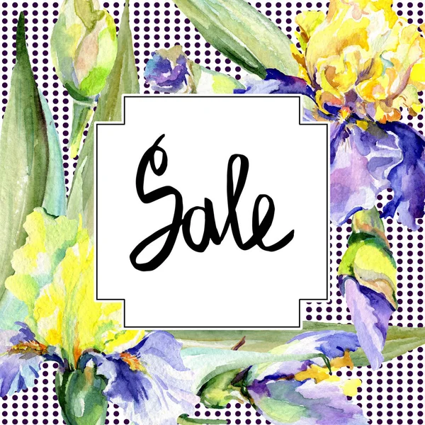 Purple yellow iris flower watercolor background. Watercolour drawing. Frame border square. Sale handwriting. — Stock Photo, Image