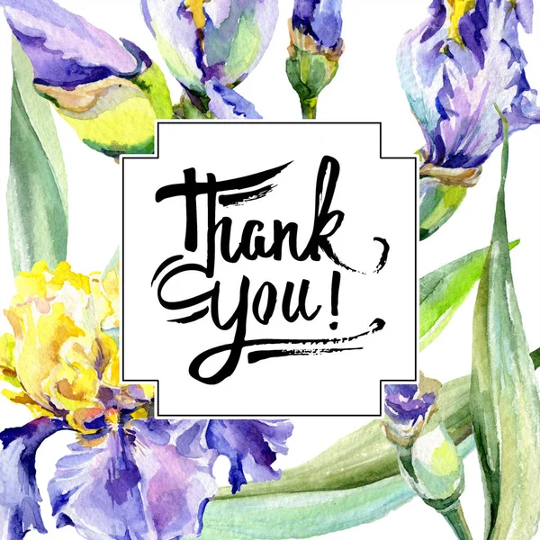 Purple yellow iris flower watercolor background. Watercolour drawing. Frame border square. Thank you handwriting. — Stock Photo, Image