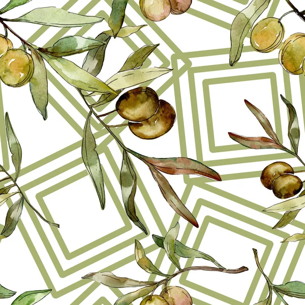 Olive verdi acquerello illustrazione. Acquerello verde foglia senza cuciture modello di sfondo. Tessuto carta da parati stampa texture — Foto Stock