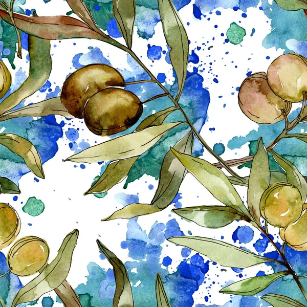 Grønne oliven akvarel illustration. Akvarel grønt blad sømløse baggrundsmønster. Stof tapet print tekstur - Stock-foto