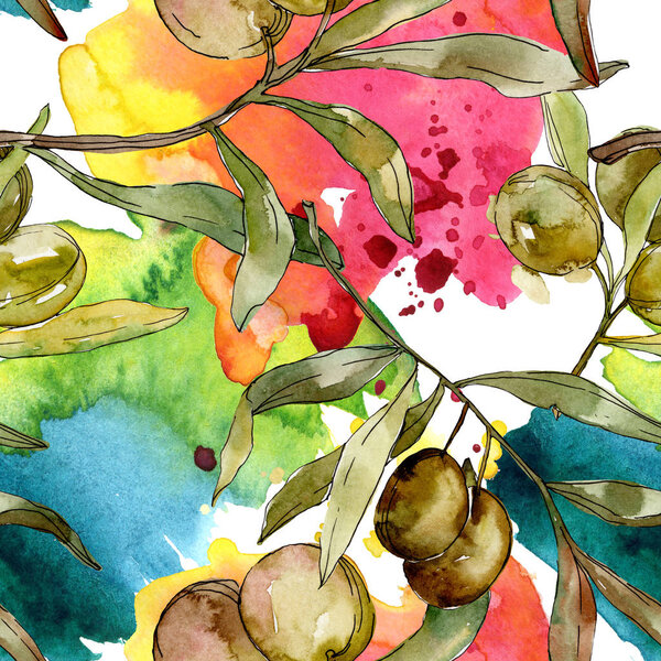 Green olives watercolor illustration. Watercolour green leaf seamless background pattern. Fabric wallpaper print texture