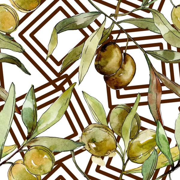 Vihreät oliivit akvarelli kuvitus. Vesiväri vihreä lehti saumaton tausta kuvio. Kangas tapetti tulostaa rakenne — kuvapankkivalokuva