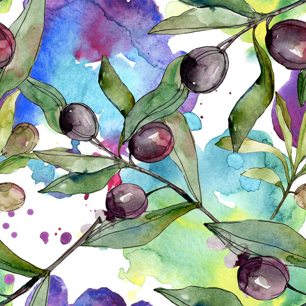Black olives watercolor illustration set. Watercolour seamless background pattern. Fabric wallpaper print texture.