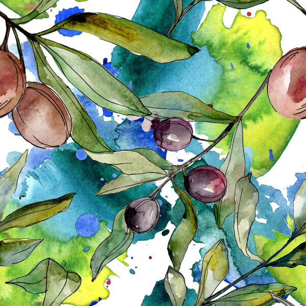 Black olives watercolor illustration set. Watercolour seamless background pattern. Fabric wallpaper print texture.