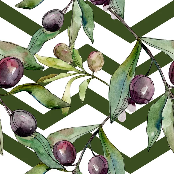 Black olives watercolor illustration set. Watercolour seamless background pattern. Fabric wallpaper print texture.