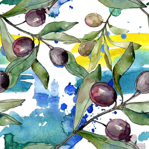 Black olives watercolor illustration set. Watercolour seamless background pattern. Fabric wallpaper print texture. — Stock Photo, Image