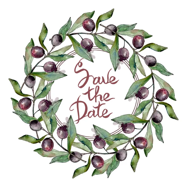 Black olives watercolor background illustration. Watercolour drawing green leaf. Frame border square. Save the Date — Stock Photo, Image