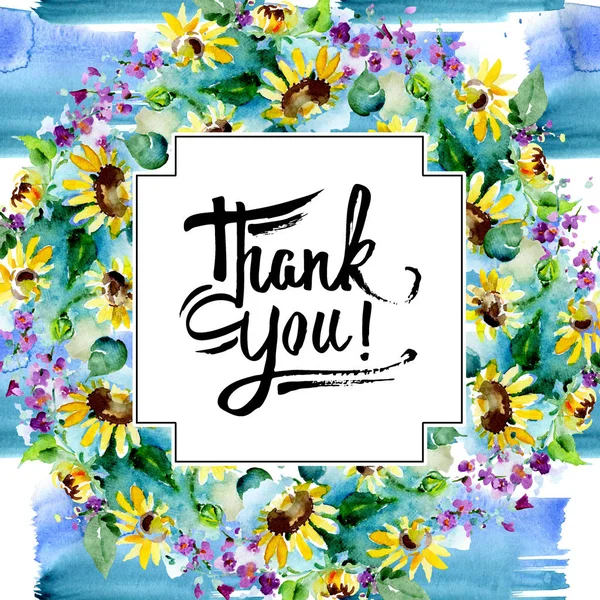 花束花植物の花 水彩背景イラストセット 水彩画ファッションアクアレル孤立 フレームボーダーオーナメント正方形 手書きモノグラム書道ありがとうございます — ストック写真