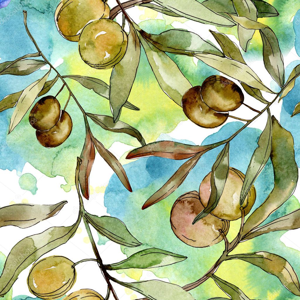 Green olives watercolor illustration. Watercolour green leaf seamless background pattern. Fabric wallpaper print texture