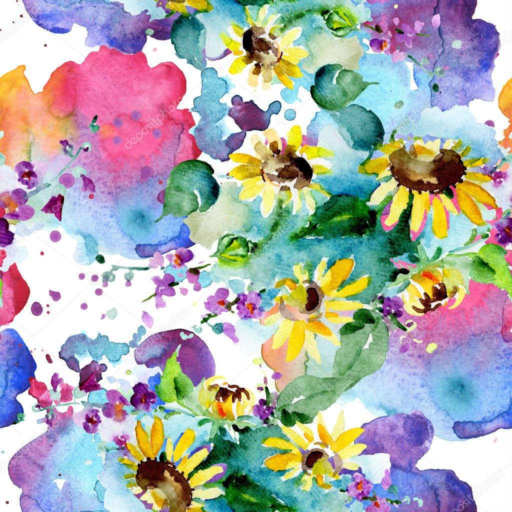 Bouquet floral botanical flowers. Watercolor background illustration set. Watercolour drawing fashion aquarelle isolated. Seamless background pattern. Fabric wallpaper print texture.