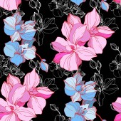 Vector Pink and blue orchid flower. Engraved ink art. Seamless background pattern. Fabric wallpaper print texture.
