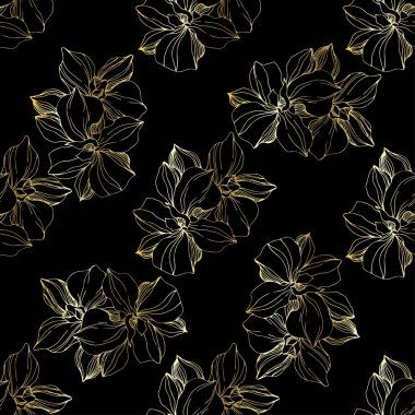 Vektör Altın orkide botanik çiçek. Oyulmuş mürekkep sanatı. Kusursuz arka plan deseni. Kumaş duvar kağıdı baskı doku.
