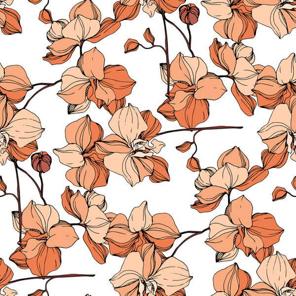 Vector Orange orchid botanical flower. Engraved ink art. Seamless background pattern. Fabric wallpaper print texture.