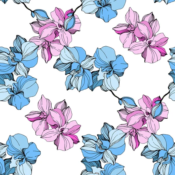 Vector Pink and blue orchid flower. Engraved ink art. Seamless background pattern. Fabric wallpaper print texture. — Stock Vector